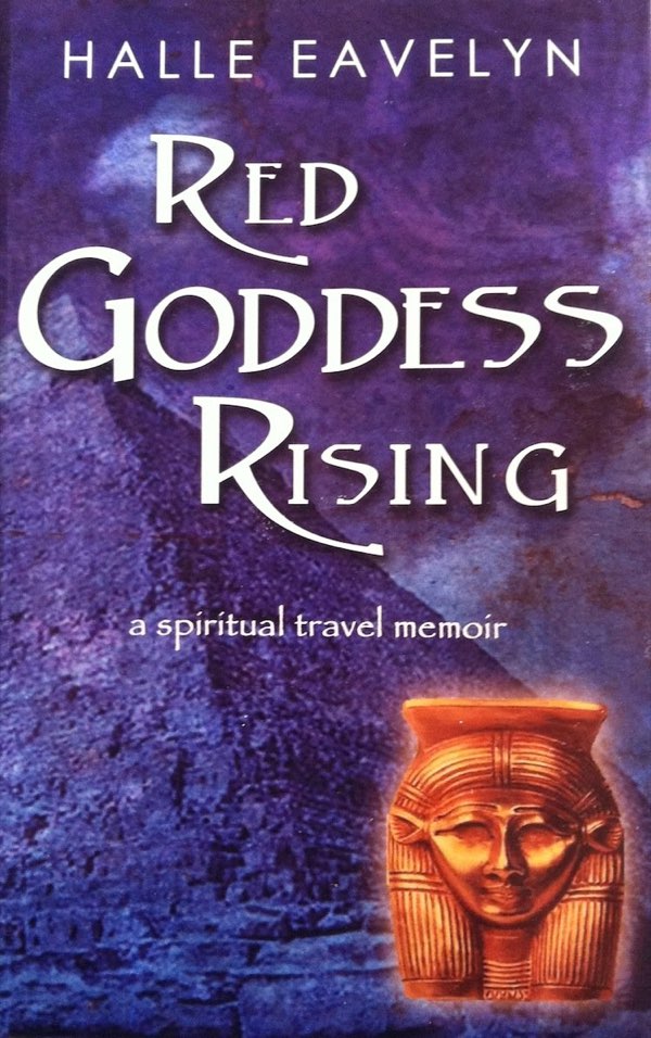 Red Goddess Rising book cover, white lettering over a purple pyramid with a golden Hathor sculpture